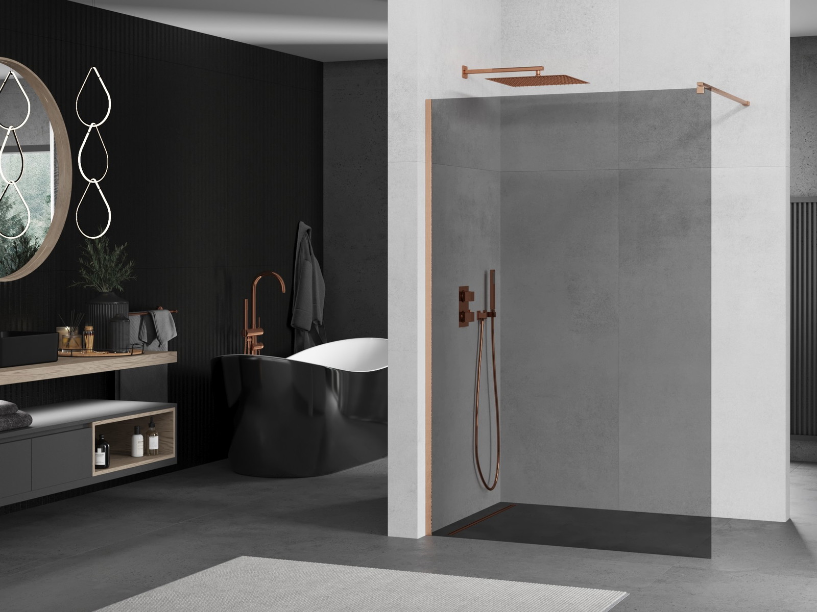 Mexen Kioto ścianka prysznicowa Walk-in 70 x 200 cm, grafit 8 mm, miedź szczotkowana - 800-070-101-65-40
